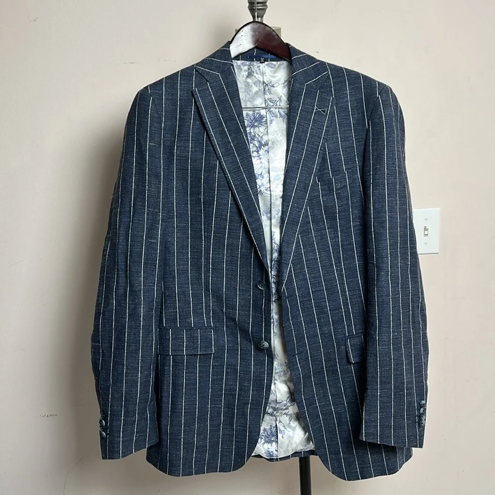 Atelier Munro Men’s Custom Made Linen Blend Striped Suit Set see measurements